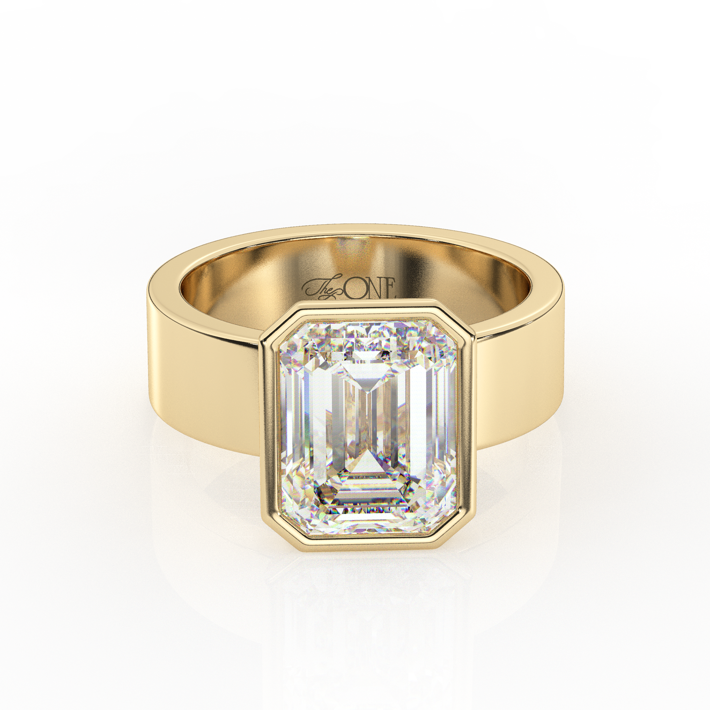 Diamond Emerald Bezel Solitaire on a Cigar Band Yellow Gold 