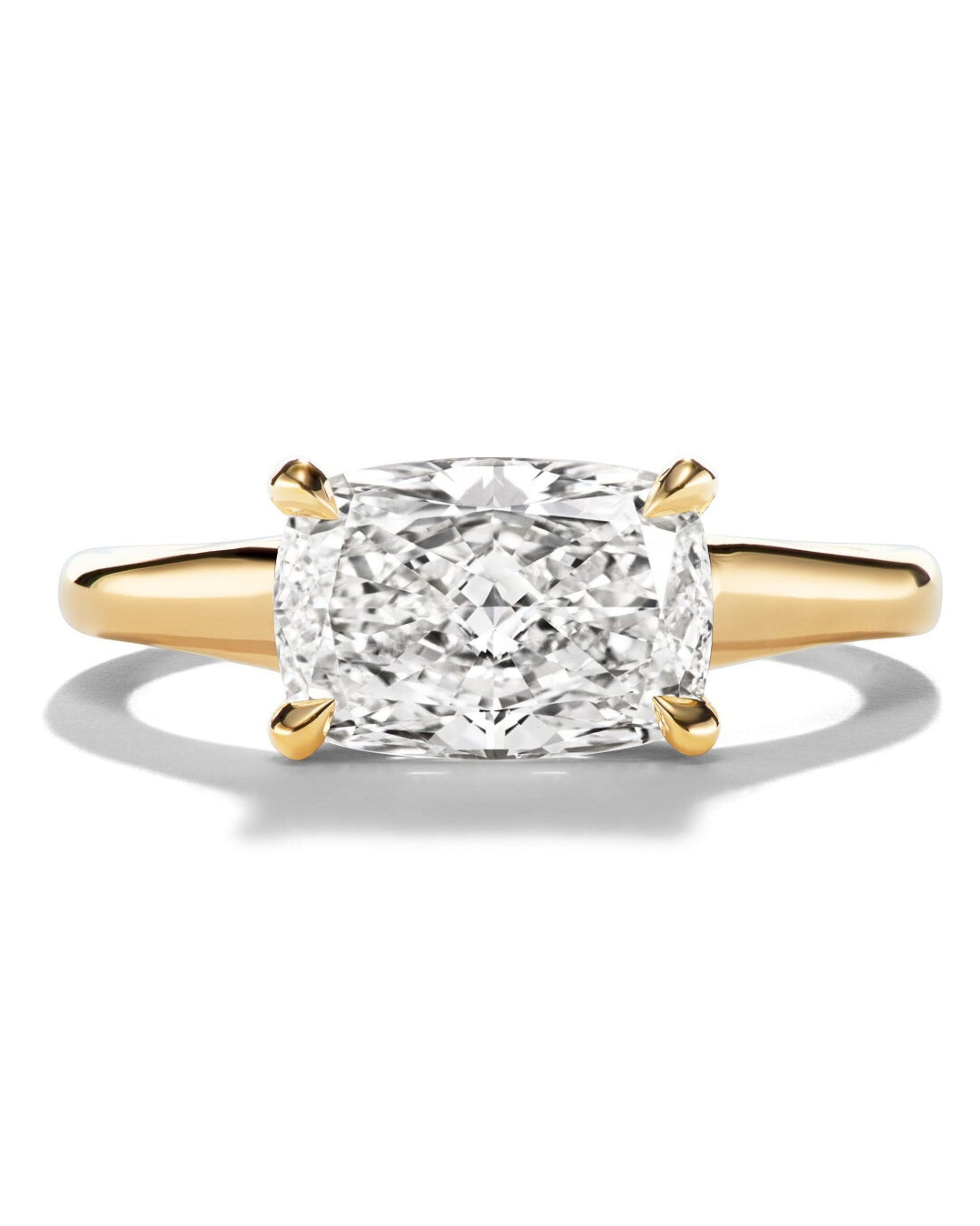 East-West Set Elongated Cushion Cut Diamond Engagement Ring Yellow Gold