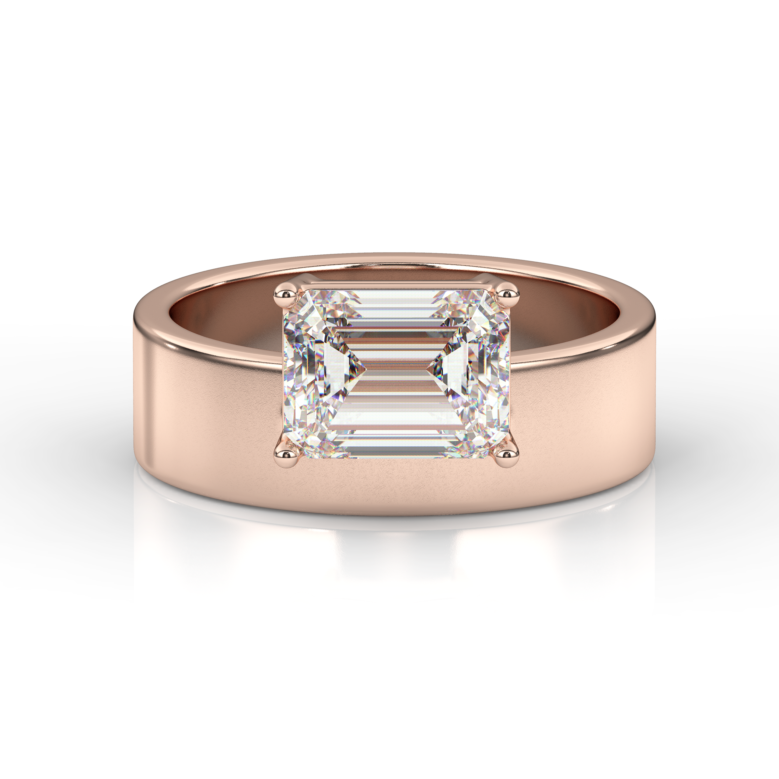 East-West Set Emerald Solitaire Diamond Ring and Cigar Band Set Rose Gold