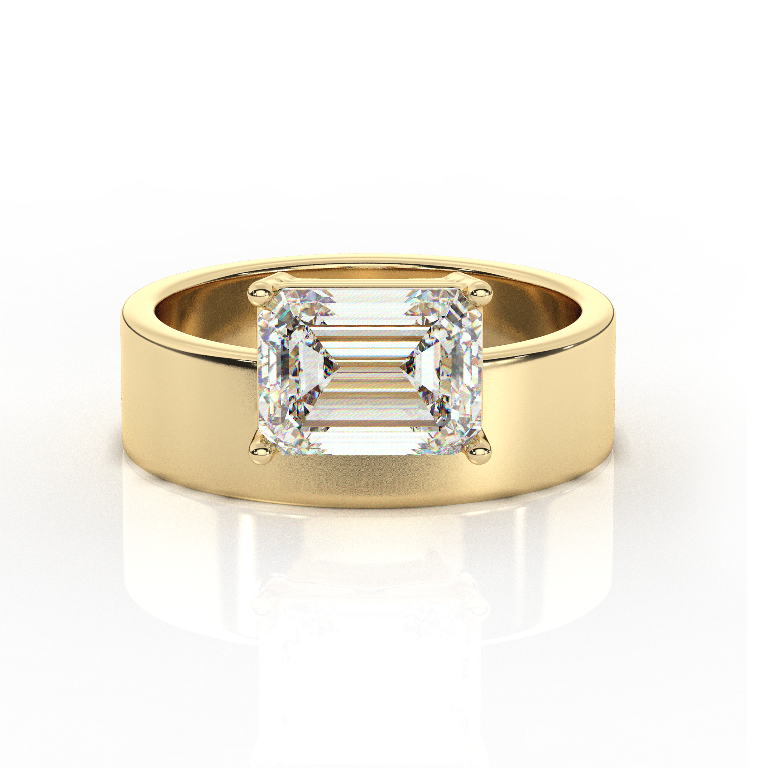 East-West Set Emerald Solitaire Diamond Ring and Cigar Band Set 