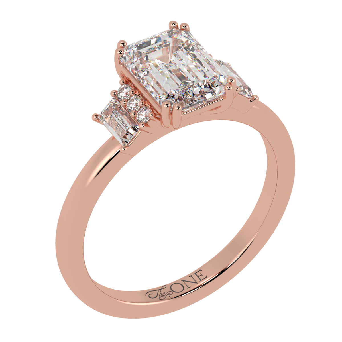 Emerald, Baguette & Round Diamond Engagement Ring Rose Gold