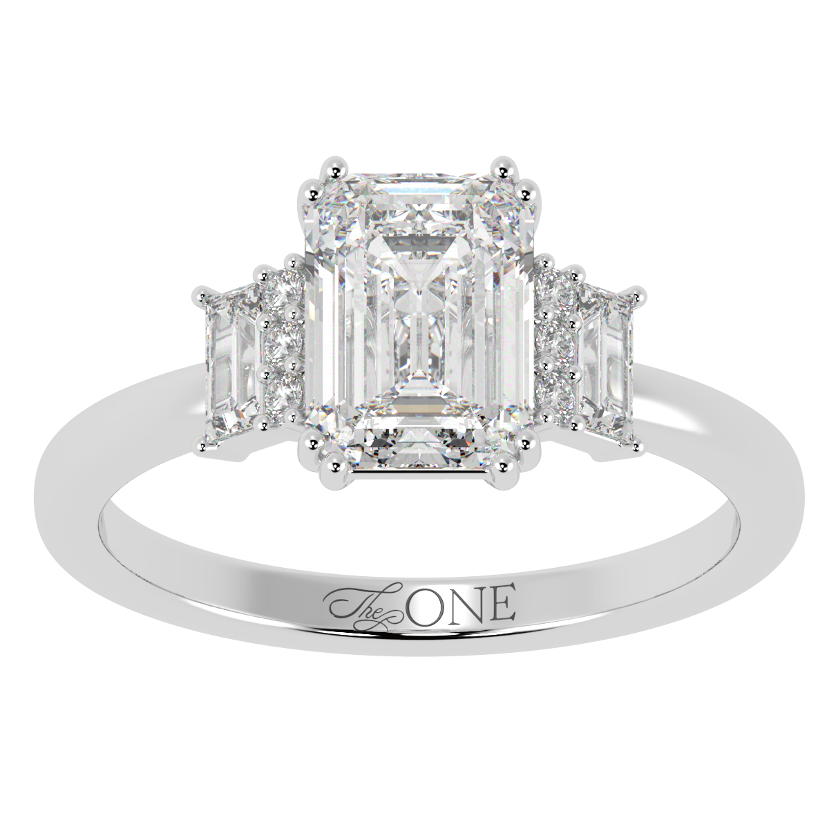 Emerald, Baguette & Round Diamond Engagement Ring White Gold
