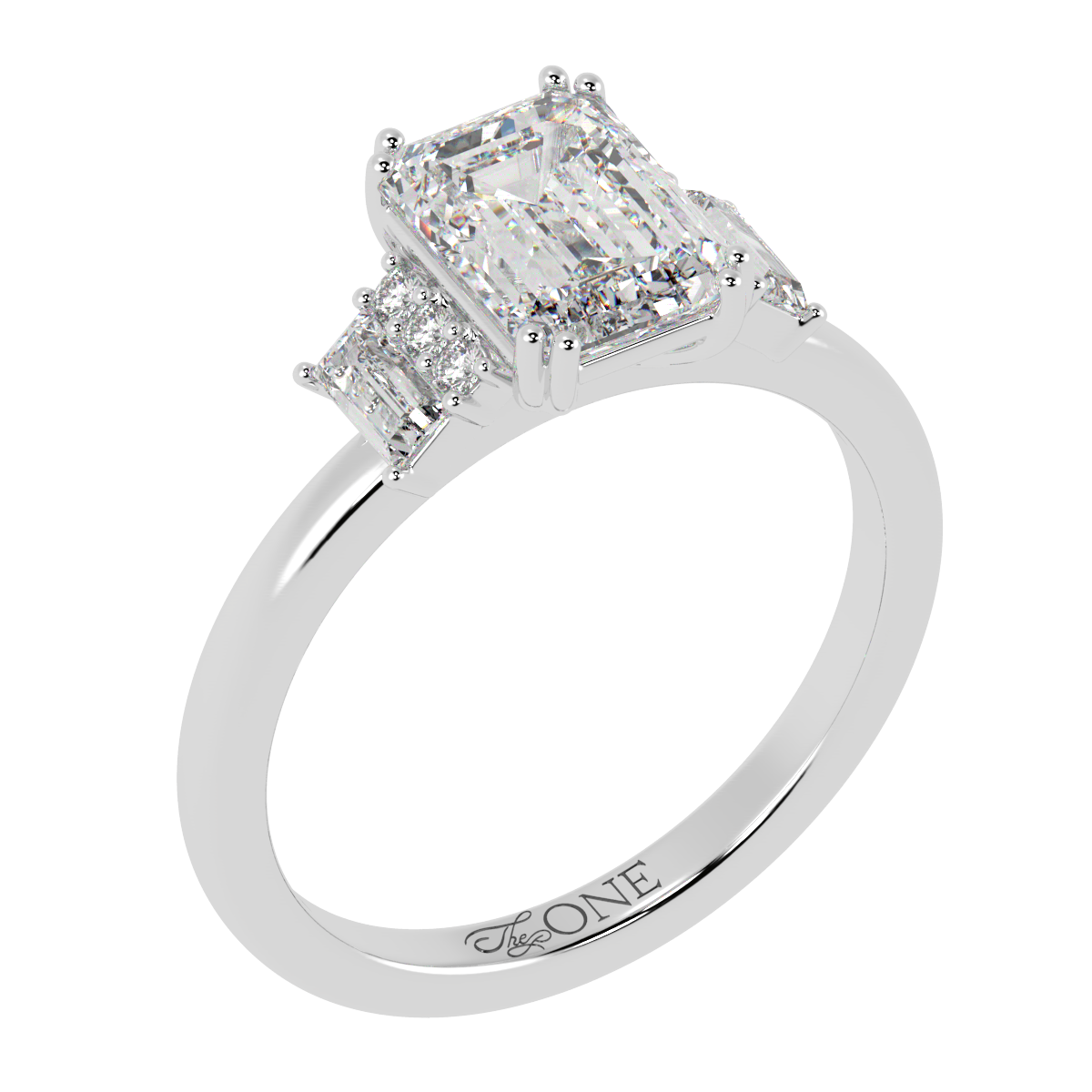 Emerald, Baguette & Round Diamond Engagement Ring White Gold