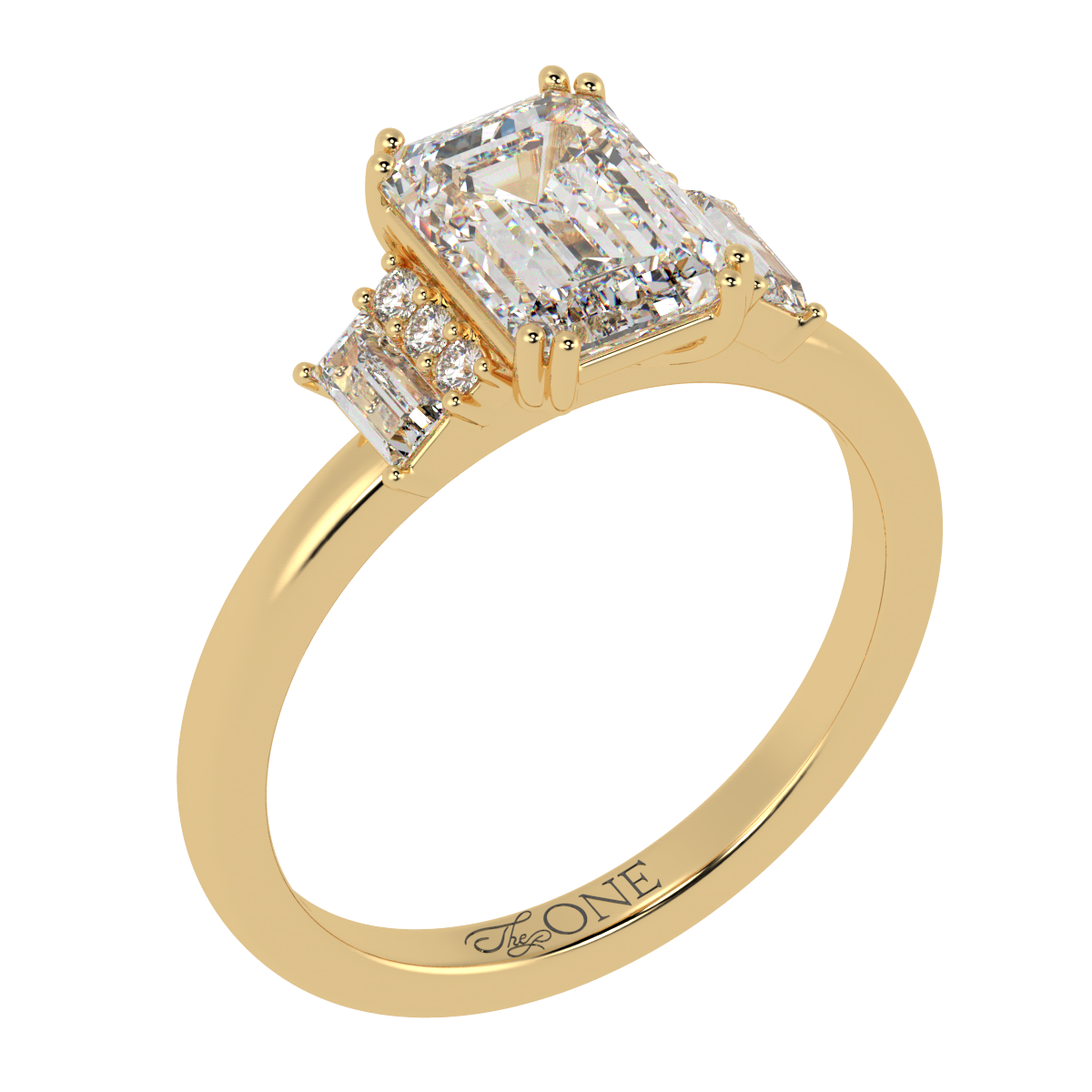 Emerald, Baguette & Round Diamond Engagement Ring Yellow Gold
