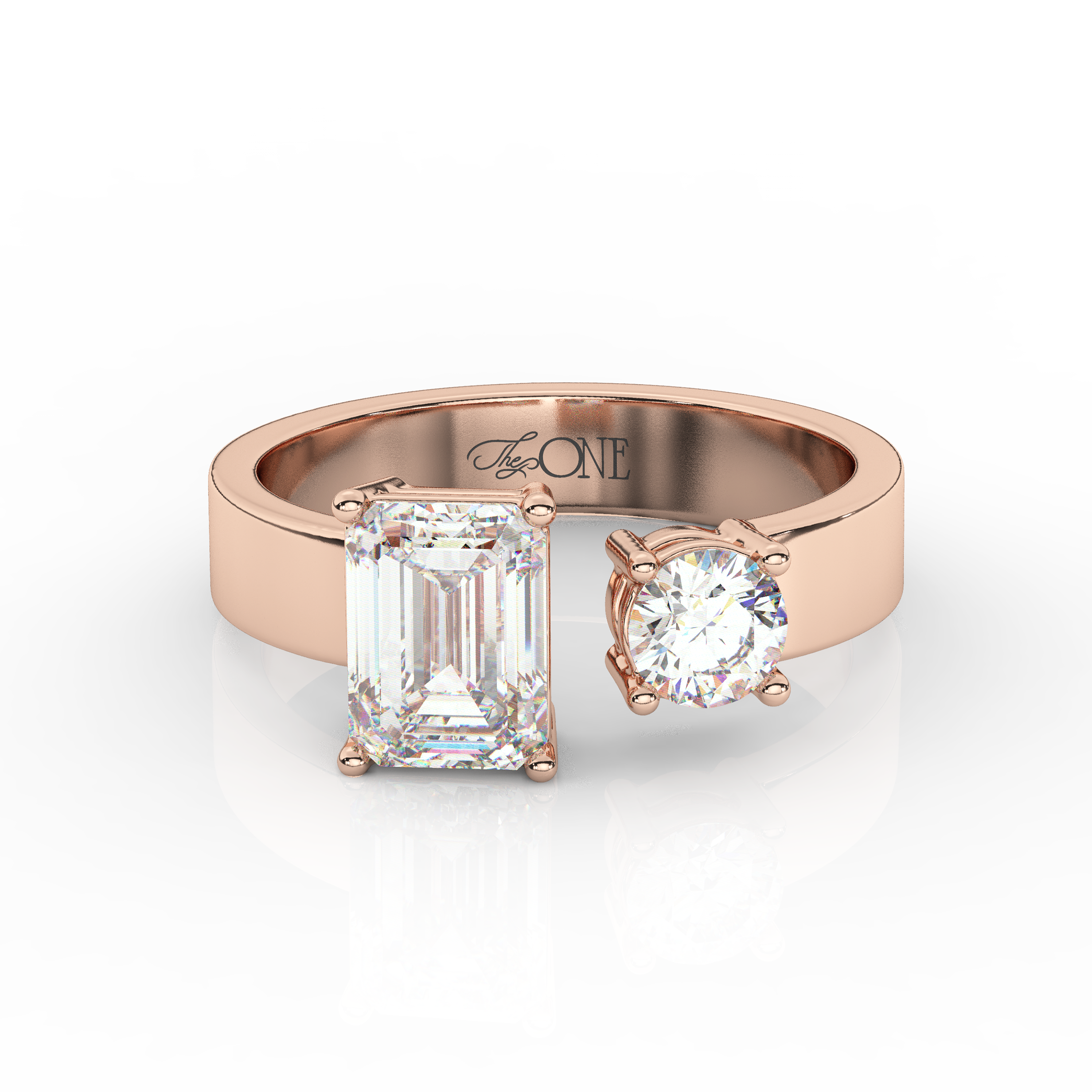 Emerald and Round Toi et Moi Diamond Ring Rose Gold