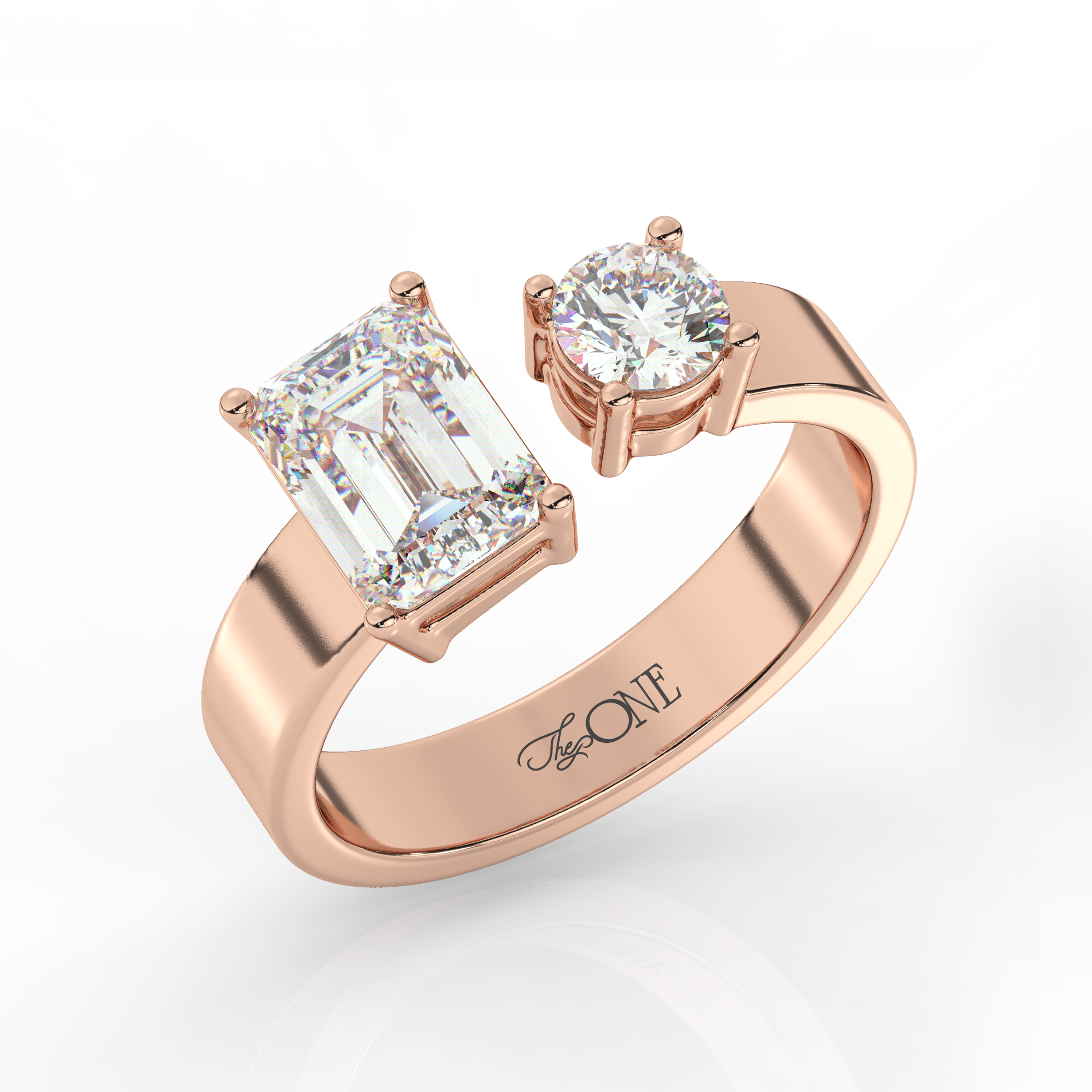 Emerald and Round Toi et Moi Diamond Ring Rose Gold