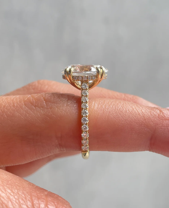 Oval Solitaire with Double Tipped Claws and Pavé Band