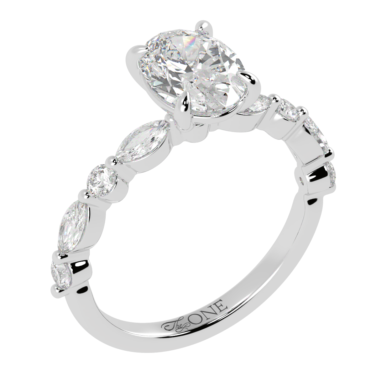 Oval Engagement Ring with Round & Marquise Accents White Gold