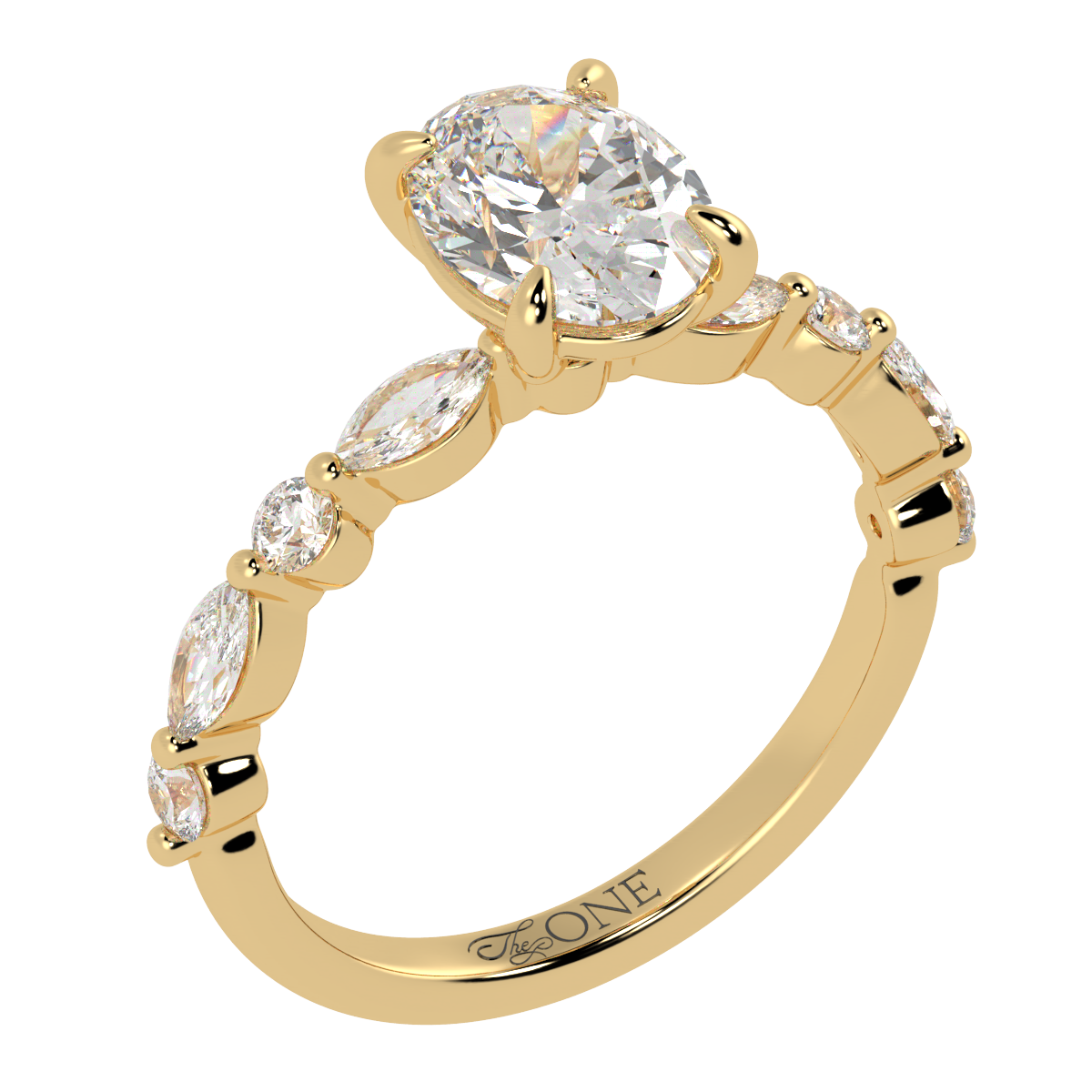 Oval Engagement Ring with Round & Marquise Accents Yellow Gold