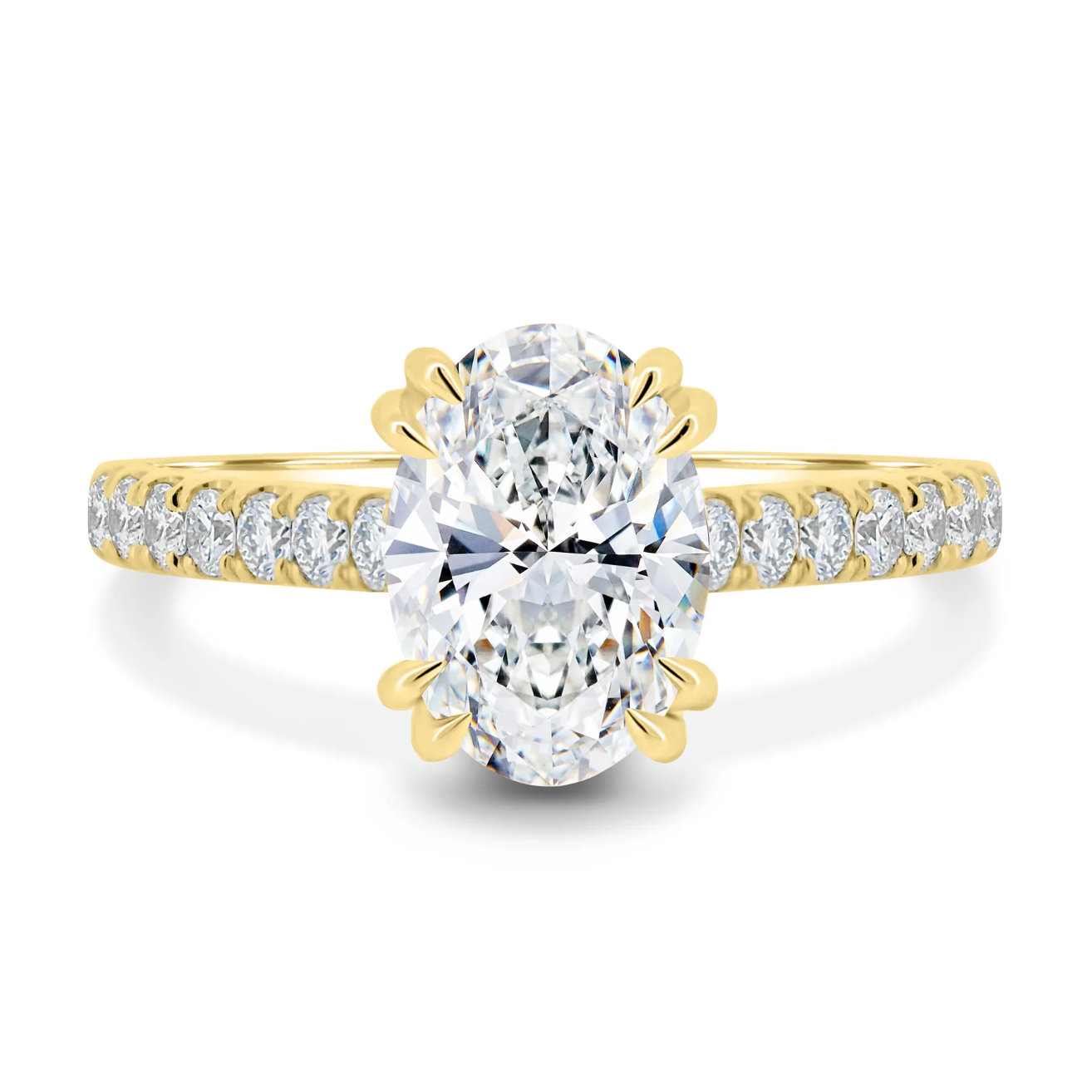 Oval Solitaire with Double Tipped Claws and Pavé Band