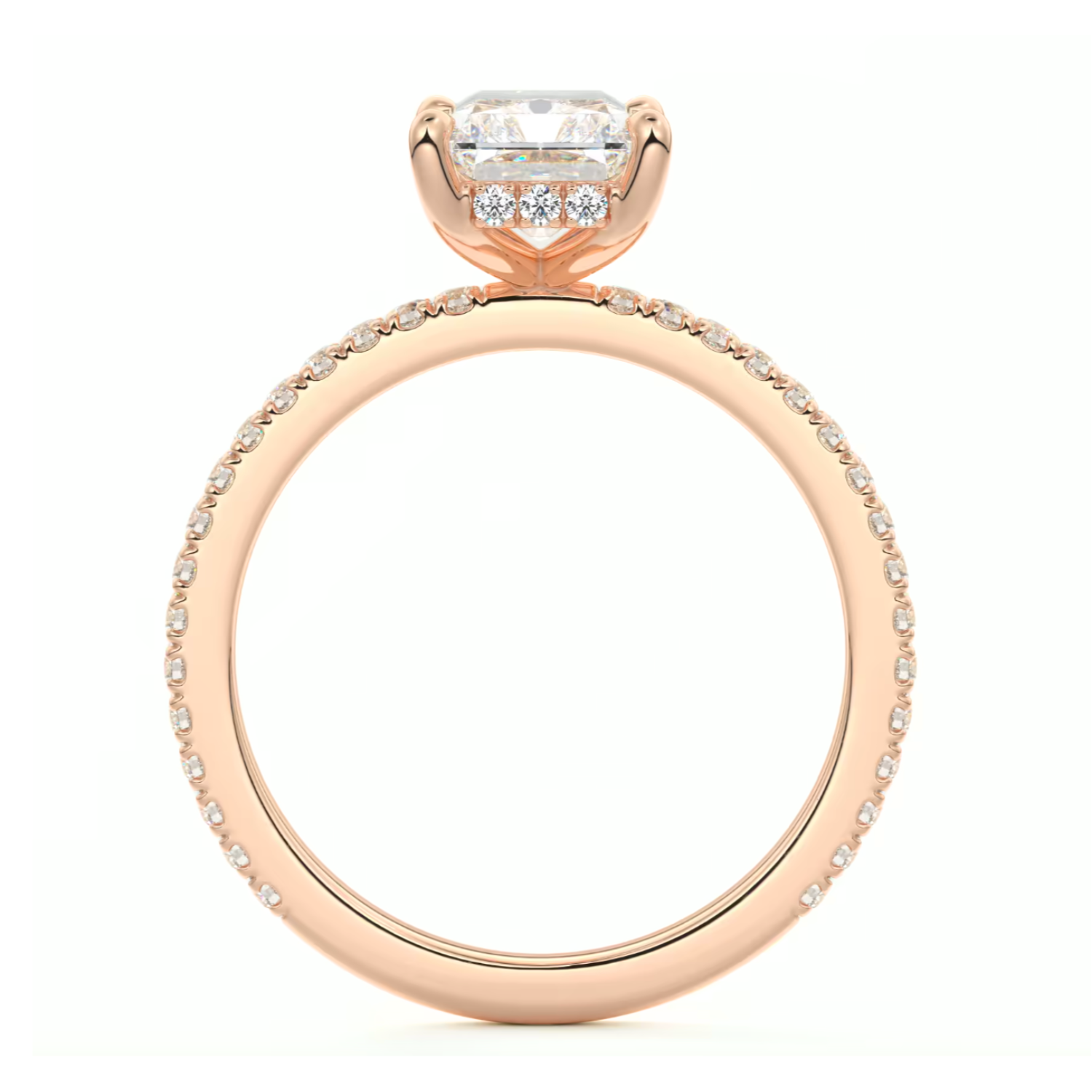 Radiant Cut Diamond on a Pavé Band with a Hidden Halo Rose Gold
