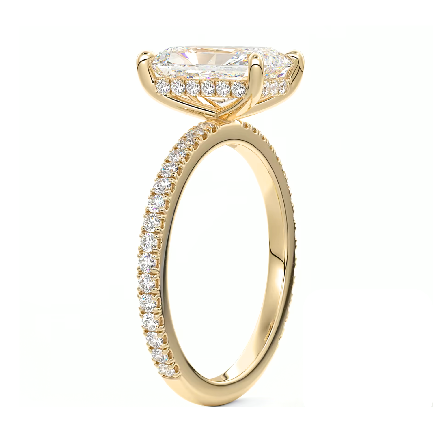 Radiant Cut Diamond on a Pavé Band with a Hidden Halo Yellow Gold