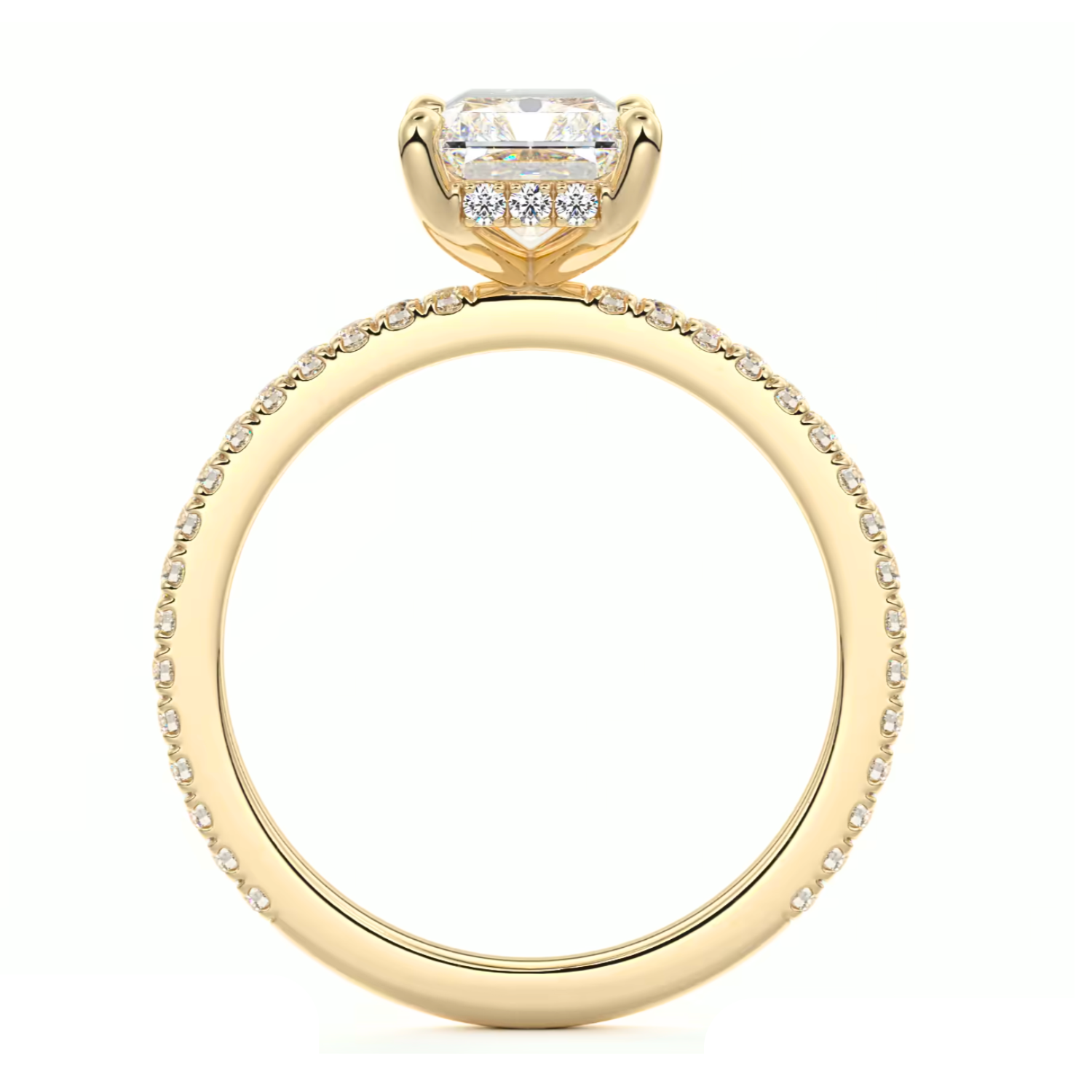 Radiant Cut Diamond on a Pavé Band with a Hidden Halo Yellow Gold
