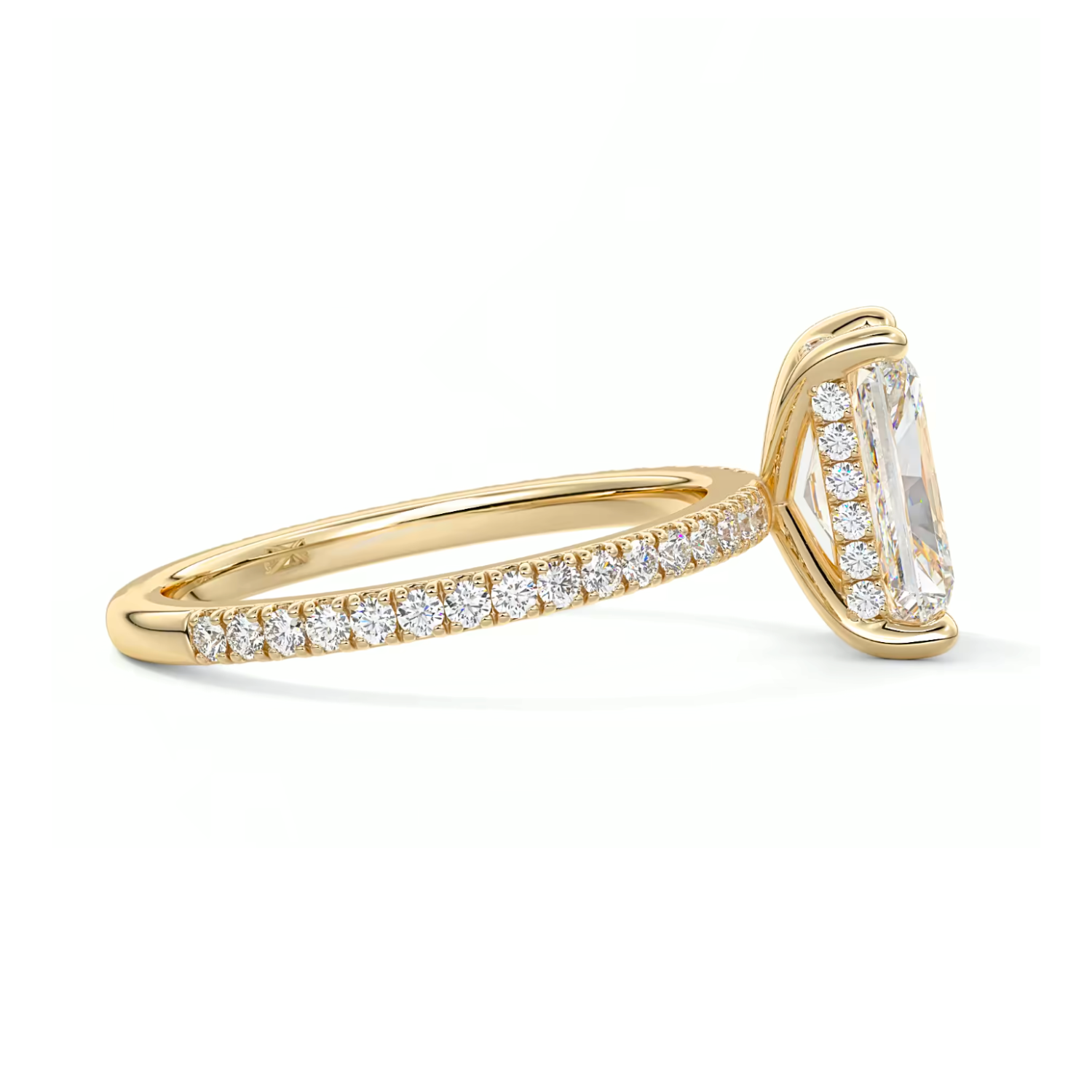 Radiant Cut Diamond on a Pavé Band with a Hidden Halo Yellow Gold