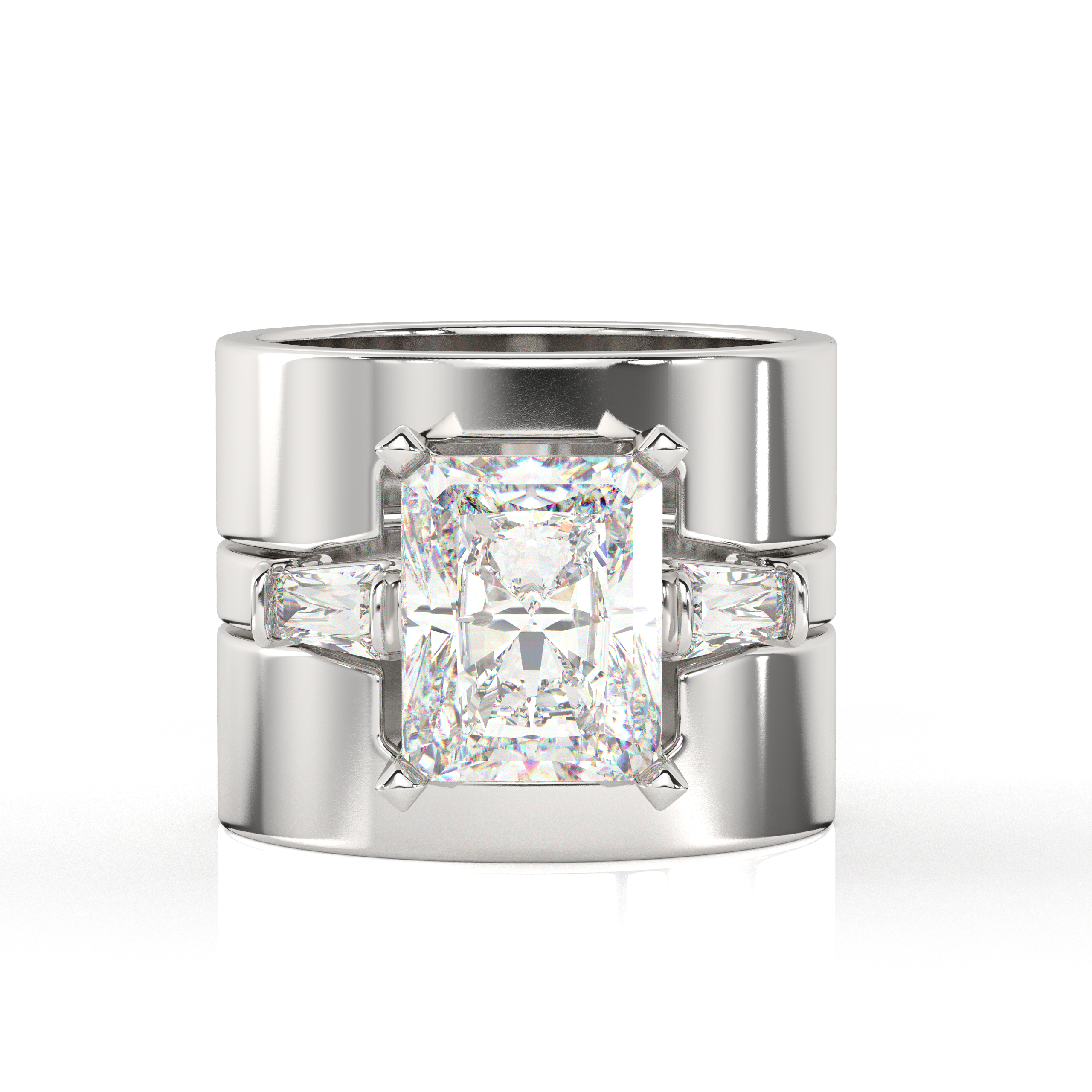 Radiant and Baguette Ring Set White Gold