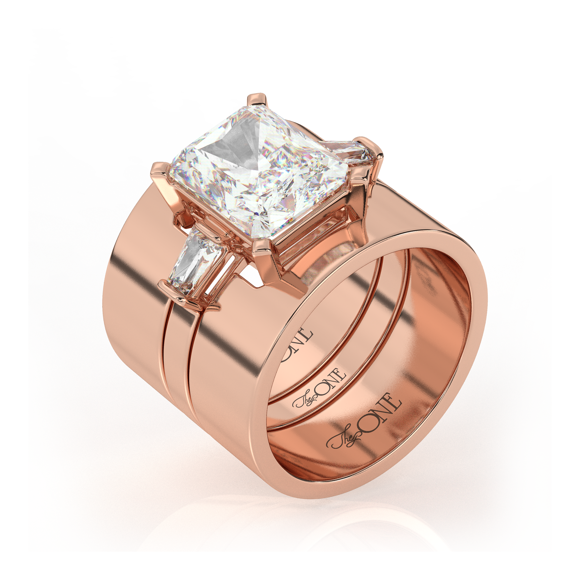 Radiant and Baguette Ring Set Rose Gold